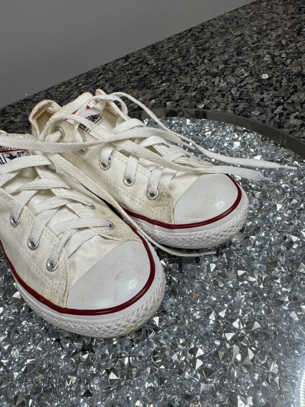 Converse Low Top Canvas Sneakers - White with Red Stripe womens 5 Youth 3